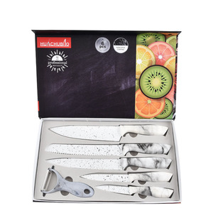 Ensemble de couteau et de serveur à gâteau en forme de gourde blanche avec manche marbré, points noirs, cuisine en acier inoxydable, ensemble de cinq couteaux de chef - Product Image 1