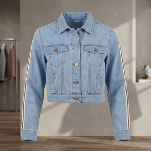 Light Blue <b>Denim</b> <b>Jacket</b> With Side Stripes Turn-down Collar Casual Short Length Unisex Spring Wear - Product Image 4