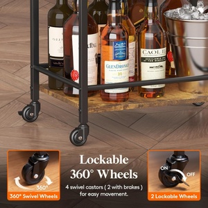 Kitchen Wooden &amp; Metal Storage Shelf 3-Tier Bar Serving Rolling Cocktail <strong>Trolley</strong> Bar Storage Shelf <strong>on</strong> Lockable <strong>Wheels</strong> - Product Image 3