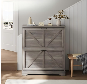 Scarpiera ribaltabile stile rustico a 2 livelli, mobile contenitore per scarpe in legno grigio per ingresso - Product Image 3