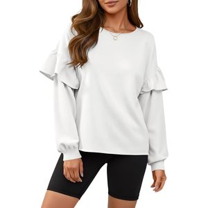 Fisoew Sweat-shirt à col rond pour femme, manches longues, volants, coupe ample, pull court, tenue décontractée d'automne - Product Image 1