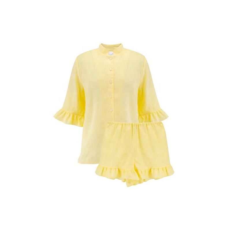 Оптовая продажа, мягкий льняной комплект с коротким рукавом, домашняя одежда, женская одежда для сна, комплект с шортами, одежда для сна с индивидуальным логотипом для девочек, пижамы, одежда для сна для девочек