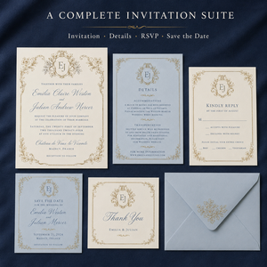 Suite d'invitations <span class=keywords><strong>de</strong></span> mariage baroque personnalisée et ornée, cadre doré avec accents bleus, cartes RSVP assorties, cartes <span class=keywords><strong>de</strong></span> détails et cartes « Save the Date » - Product Image 3