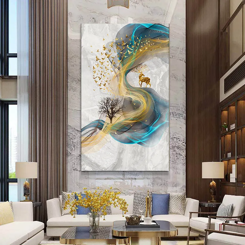 Cetak grosir gambar Poster seni dekorasi dinding lukisan kanvas dekorasi rumah bingkai dicetak 1 Panel daun Foil emas Modern