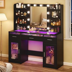 <strong>Black</strong> <strong>Vanity</strong> Desk Makeup <strong>Table</strong> with Mirror and Lights Transparent Top with 3 RGB Drawers 6 Shelves 2 Cabinets Power Outlet - Product Image 1