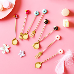 Cute Donut Lollipop Shaped Stainless Steel Mirror Eco Friendly Cutlery Set Gold Dessert Spoons Fruit Forks Tea Ice Cream