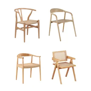 Cheap Wood Furniture High Quality Indoor Solid Wood Chairs With Armrest Nordic Style Modern Rope Seat Wood Dining Chairs