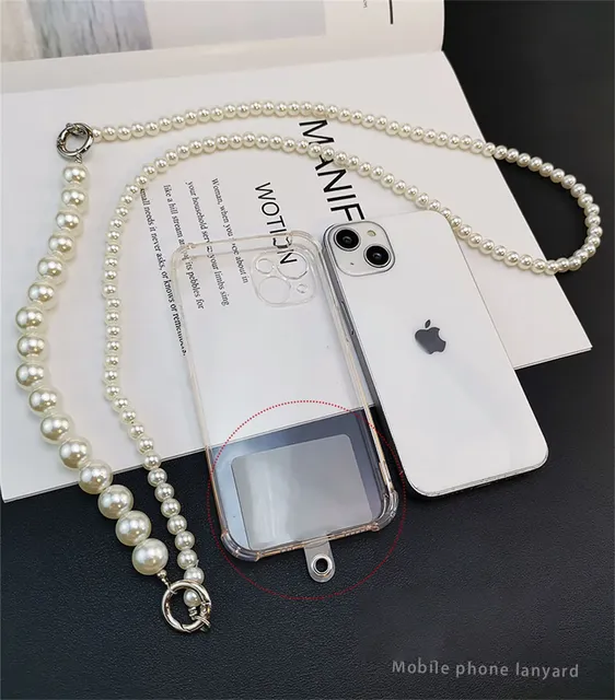 120cm Shockproof Universal Phone Lanyard Long Crossbody Necklace Chain Acrylic Pearl Anti-lost Sling with Patch Phone Case
