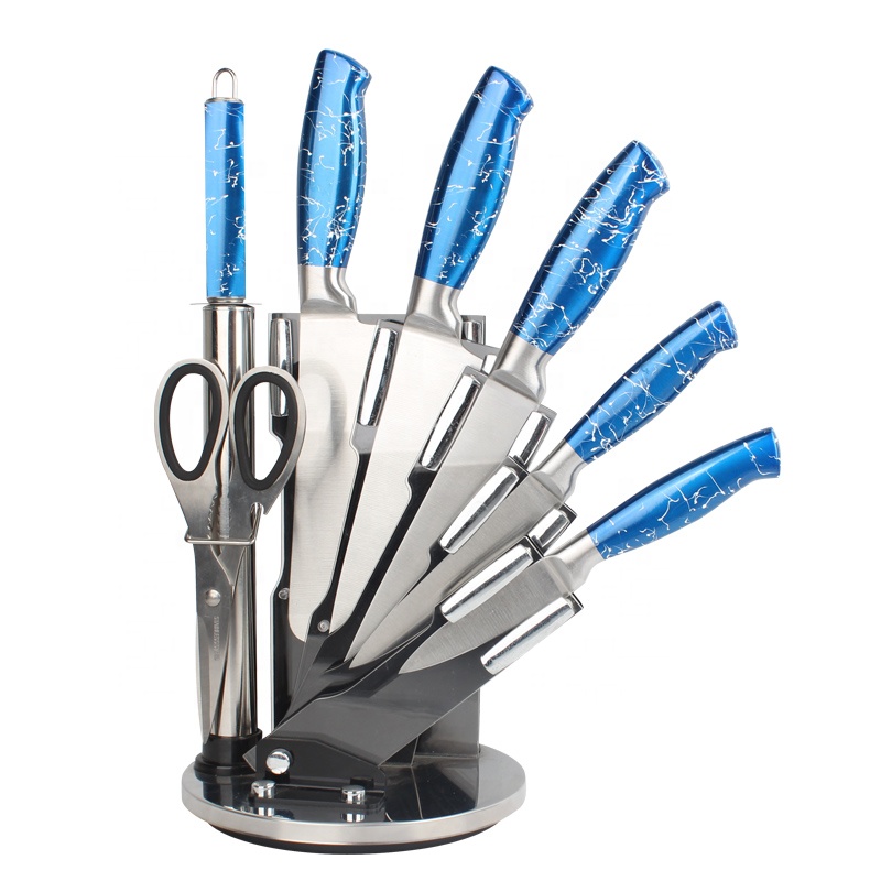 Хорошее качество 8 шт Блестящий Синий нержавеющая сталь 8 ''ножи шеф-повара на заказ набор кухонных ножей с акриловой подставкой