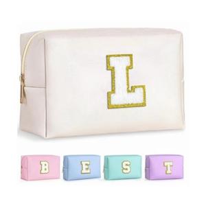 Waterproof PU Cross Grain <b>Makeup</b> <b>Bag</b> With 26 Chenille Letters Portable Octagon Toiletry Pouch For <b>Travel</b> - Product Image 4
