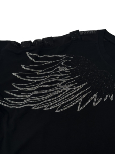 Haut en maille respirant pour <span class=keywords><strong>femme</strong></span>, 305g, coton et élasthanne, manches 3/4, patchwork en maille, strass 3D en forme d'aile, décontracté, personnalisé - Product Image 5