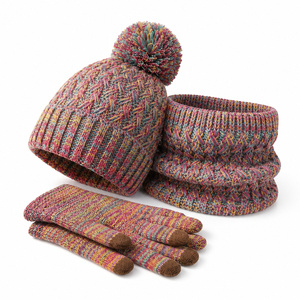 Ensemble bonnet et gants longs en tricot multicolores pour adultes, 100% acrylique, chauds, compatibles avec les écrans tactiles, pour l'hiver - Product Image 6