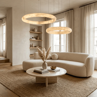 Lustre Suspendu d'Intérieur en Laiton Antique Bronze, Design Moderne Halo Di Pietra Alabaster, Double Anneau, Tube Rond