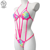 Bodysuit Halter JINZHU dengan Tali, Motif Tie-Dye, Berlubang, Lingerie dengan Cincin Logam yang Dapat Disesuaikan, Pakaian Dalam Seksi Satu Bagian