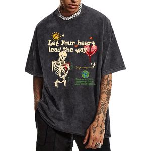 เสื้อยืดผู้ชายสไตล์วินเทจลายกราฟิกโครงกระดูกพิมพ์ลายตัวอักษรสร้างแรงบันดาลใจ ดีไซน์ 3 มิติ ล้างสีแบบแอซิดวอช สำหรับฤดูร้อน - Product Image 3