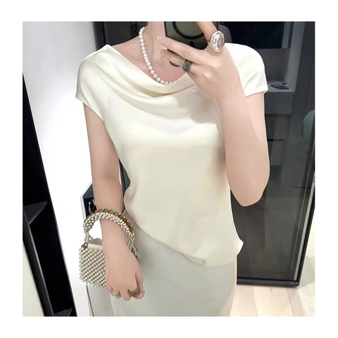 2025 Popular Elegant Short Sleeves Breathable Elastic Satin Silk T Shirt for Summer