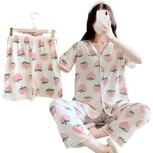 OEM 2023 Sutra Susu Pakaian Tidur Wanita Piyama Homewear Kartun 3 Potong Pakaian Tidur Sutra Piyama untuk Wanita Set