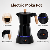 Cafetière électrique Moka 6 tasses avec base chauffante, poignée en bois à toucher froid et indicateur LED