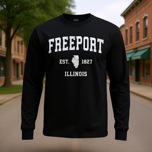 Freeport Illinois T-shirt sportiva vintage a maniche lunghe Est 1827 - Product Image 3
