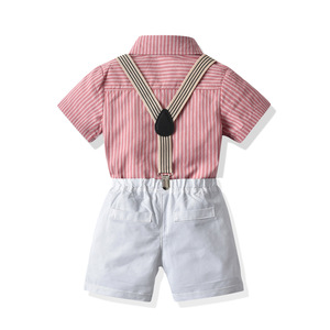 Conjunto de Ropa Casual para Niños Pequeños, Camisa a Rayas con Corbata de Lazo y Tirantes, Pantalones Cortos Blancos de Algodón, Traje de Caballero - Product Image 2