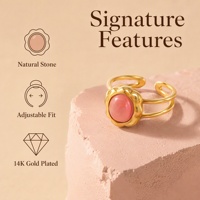 Bague ouverte réglable en acier inoxydable 316 plaqué or 14 carats avec double couche de pierres naturelles roses