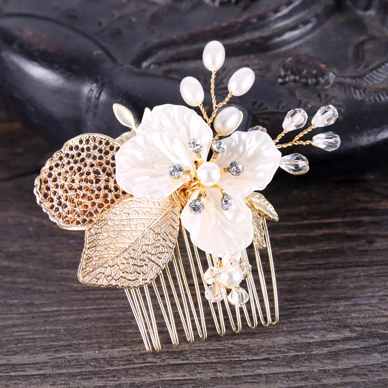 Bride Flower Bridal Hair Comb Gold Leaf Wedding Hair Piece Floral Hair Accessories for Women and Girls