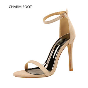 صنادل نسائية من جلد الغزال بتصميم أوروبي وأمريكي, صنادل نسائية صيفية بسيطة بكعب رفيع وكعب عالي للغاية من جلد الغزال بخط واحد ومفتوحة من الأمام - Product Image 3