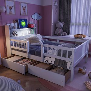 White Children's <b>Storage</b> Bed With Headboard Bookshelf And Drawers For <b>Kids</b> Bedroom - Product Image 3