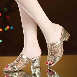 Nouvelles mules brillantes à talon carré et bout rond, populaires pour l'été, pour femmes et dames - Product Image 2