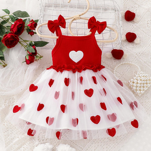 Vestito da <span class=keywords><strong>bambina</strong></span> rosso e bianco con cuore, spalline sottili, dettaglio fiocco, top a costine, gonna in tulle, grazioso abito da festa, abbigliamento per <span class=keywords><strong>bambina</strong></span> - Product Image 3