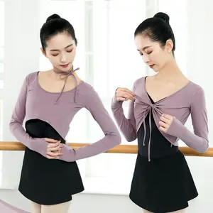 Women Tshirt Warm Up Thumbhole Crop Ballet Longsleves Top