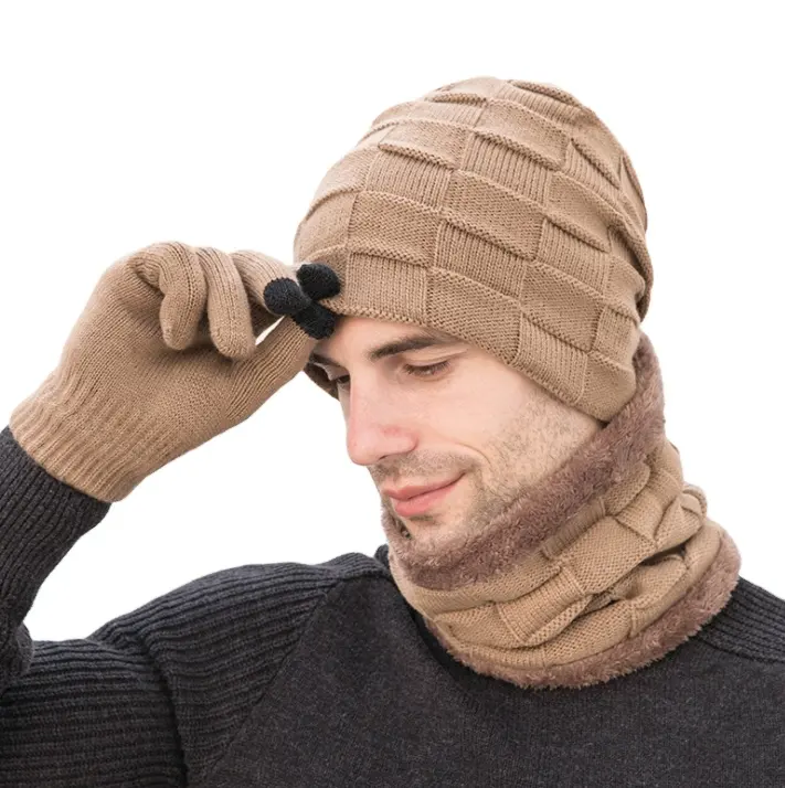 Winter Beanie Hüte handschuh set großhandel warm neck wraps stricken woolen gestreiften schals herbst männer mode drei-stück anzug