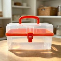 Boîte de rangement en plastique PP transparent avec couvercle, poignée de transport portable, bac organisateur double couche pour trousse médicale à domicile