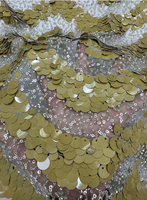 Tissu en maille brodé de grandes paillettes dorées et argentées, tulle perlé luxueux et scintillant pour robe de soirée, robe de mariée, costume de fête