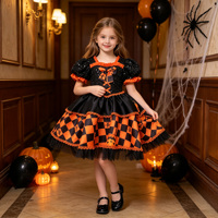 Robe de déguisement d'Halloween pour enfants, motif citrouille, orange et noir, avec manches bouffantes et jupe en tulle à volants, tenue de fête cosplay pour fillette