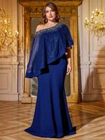 Robe de soirée pour femme, asymétrique à une épaule, manches cape, faite à la main, avec des paillettes brillantes, coupe ajustée, traîne longue