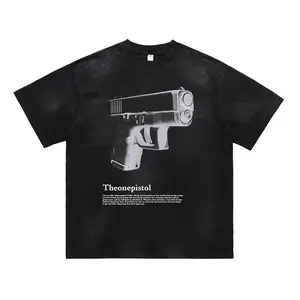 2024 new national fashion brand men's interesting three-dimensional pistol picture printed short sleeve to do old T-shirt