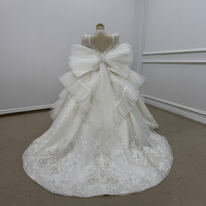 Jancemebr WN1804 Vestido de niña de las flores de manga larga con cuello alto y cuentas, vestido de princesa hinchado de tul con volantes hasta el suelo 100% - Product Image 5