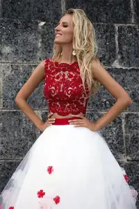 फैशन Brautkleid बिना आस्तीन झोंके स्कर्ट दो टुकड़ा लाल और सफेद शादी की पोशाक फीता