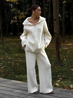 Ensemble 2 pièces tricoté pour femme RO9-15, col semi-zippé, grand revers, en coton doux, manches longues, pantalon ample, tenue décontractée et élégante pour le bureau