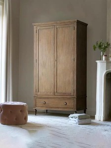 Armario de Roble Macizo Estilo Rústico Francés, Armario Alto de 2 Puertas con Cajón Inferior, Estilo Vintage Americano para Dormitorio - Product Image 3