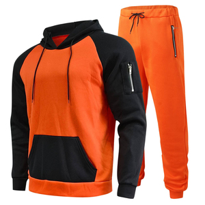 Conjunto Deportivo con Capucha para Hombre, Color Naranja y Negro, Bloques de Color, Manga Larga, Cordón Ajustable, Diseño Sólido, Transpirable, para Otoño - Product Image 1