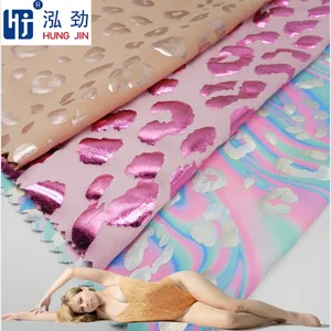 2-way tricot Pink leopard print on pink nylon polyester spandex fabric cloth polyester weft knitted swimwear fabric