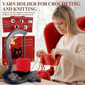 Black Cat Yarn Rack Wooden Crochet Yarn Spool Rotating Stand Solid Wood Knitting Yarn Ball Rack <b>Desktop</b> Use - Product Image 2