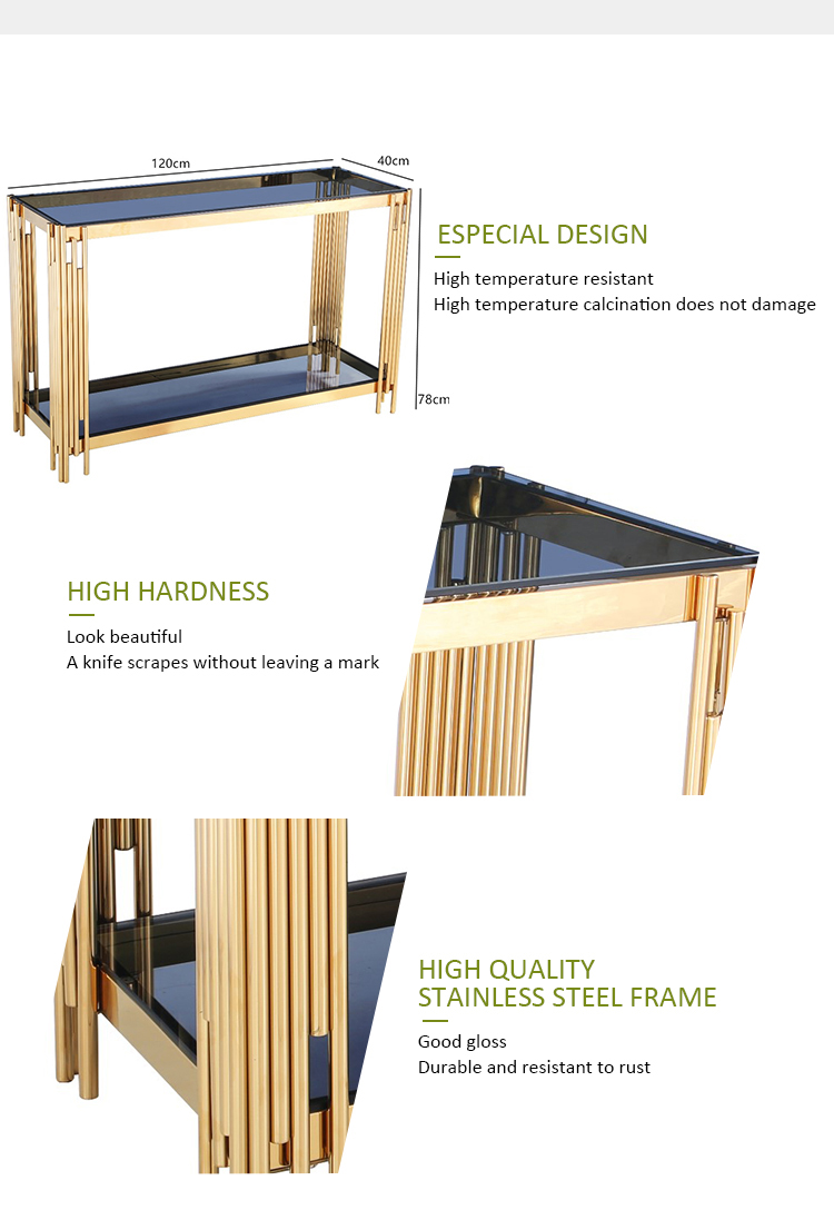 6K polished golden colour hall table blue tempered glass stainless steel console table corner console table