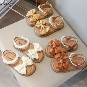 Conyson 2024 Sommer Kinderschuhe für Babys Mädchen elegante Perlen-Knöchel-Schnürsenkel Mode vielseitige Kinder Kausal Party Flatts Strand-Sandalen