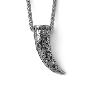 Nordic Souvenirs Gift Stainless Steel Viking Jewelry Norse God Fenrir Wolf Horn Pendant Necklace