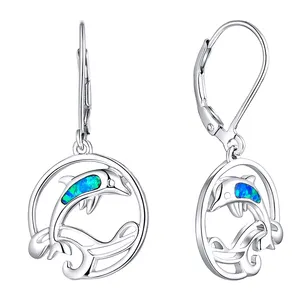 Australian Opal Jewelry Lady Girl Gift S925 Sterling Silver Hoop Earrings Ocean Love Heart Dolphin Dangle Earrings Blue For Wome