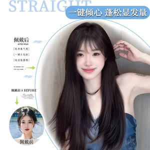 วิกผมยาวตรงธรรมชาติพร้อมหน้าม้าปัดข้าง 60 ซม. สีน้ำตาลดำ เส้นใยคาเนคาลอน ลวดทนความร้อนสูง ลูกไม้โปร่งใส - Product Image 4