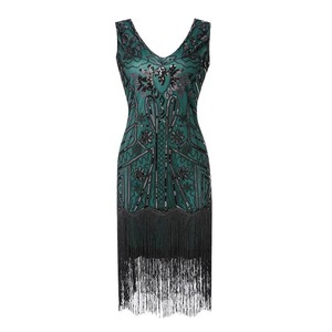 Vintage 1920s Gatsby Evening Dress V-Neck <b>Sequined</b> Tassel Skirt Women's Party Dress Handmade Vintage Style - Product Image 5